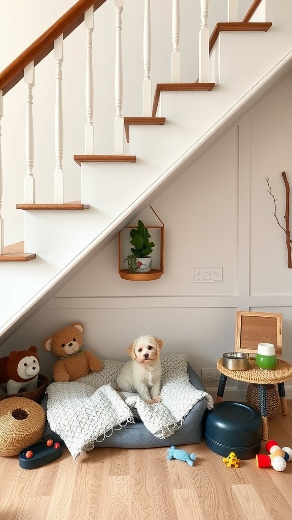 A cozy pet corner under a staircase with a dog, toys, and cozy bedding