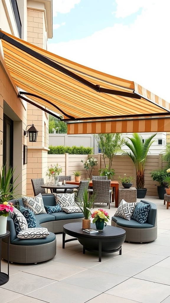 Outdoor terrace with a stylish retractable awning and cozy seating area