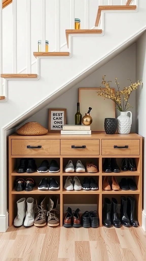 Stylish shoe organizer placed under a staircase with various types of shoes arranged neatly
