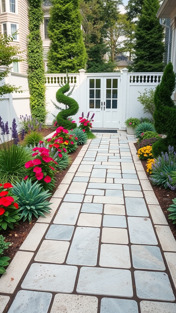 A pathway made of stone pavers surrounded by vibrant flowers and greenery.