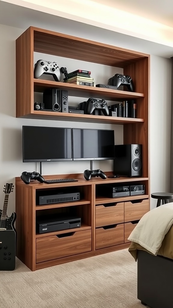 Stylish wooden storage unit for gaming with consoles, controllers, and speakers.