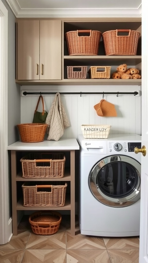 A stylish mudroom laundry room with white cabinets, organized baskets, and modern appliances.