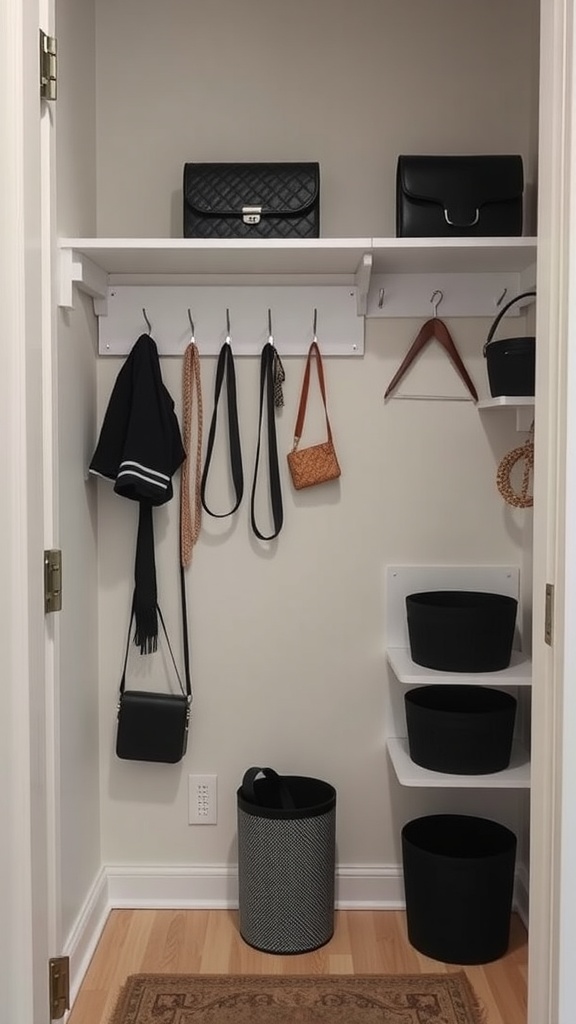 A small dressing room with organized storage solutions for accessories, including bags, belts, and bins.