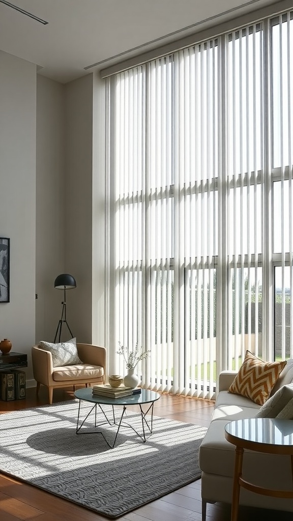 A stylish living room featuring large windows with vertical blinds, showcasing modern furniture and a bright atmosphere.