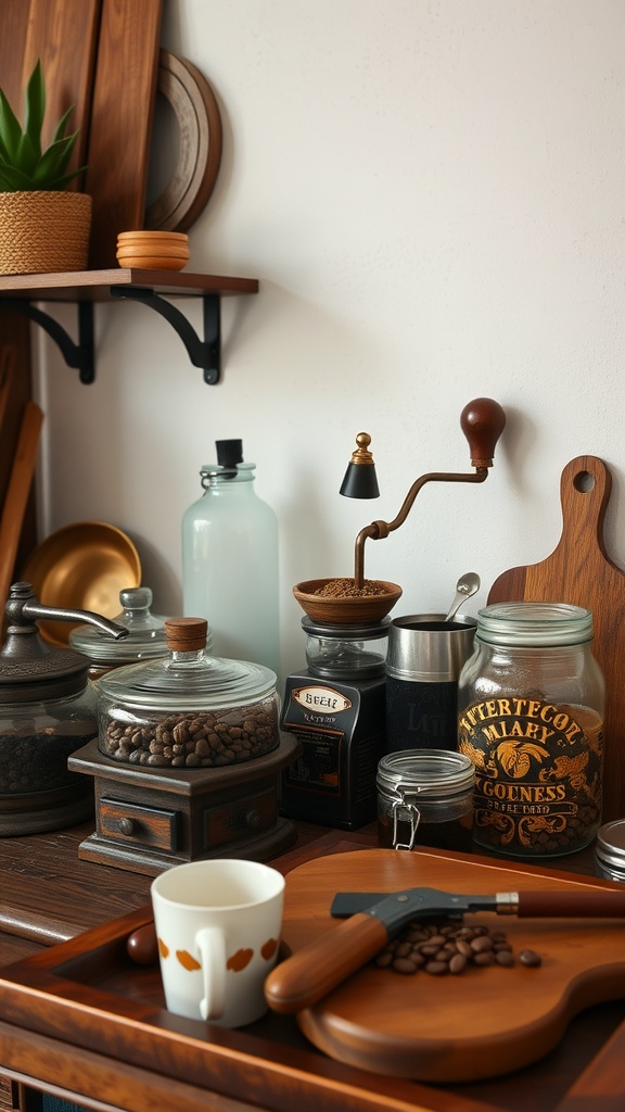 A vintage coffee display featuring wooden shelves, glass jars of coffee beans, a grinder, and a small plant.