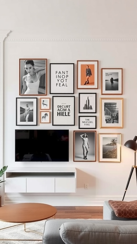 Gallery wall with various framed art pieces in a stylish living room