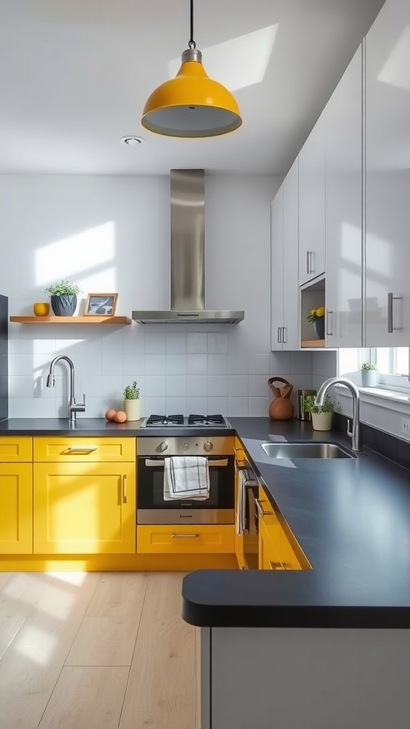 A modern kitchen featuring sunny yellow cabinets and charcoal countertops, with natural light illuminating the space.