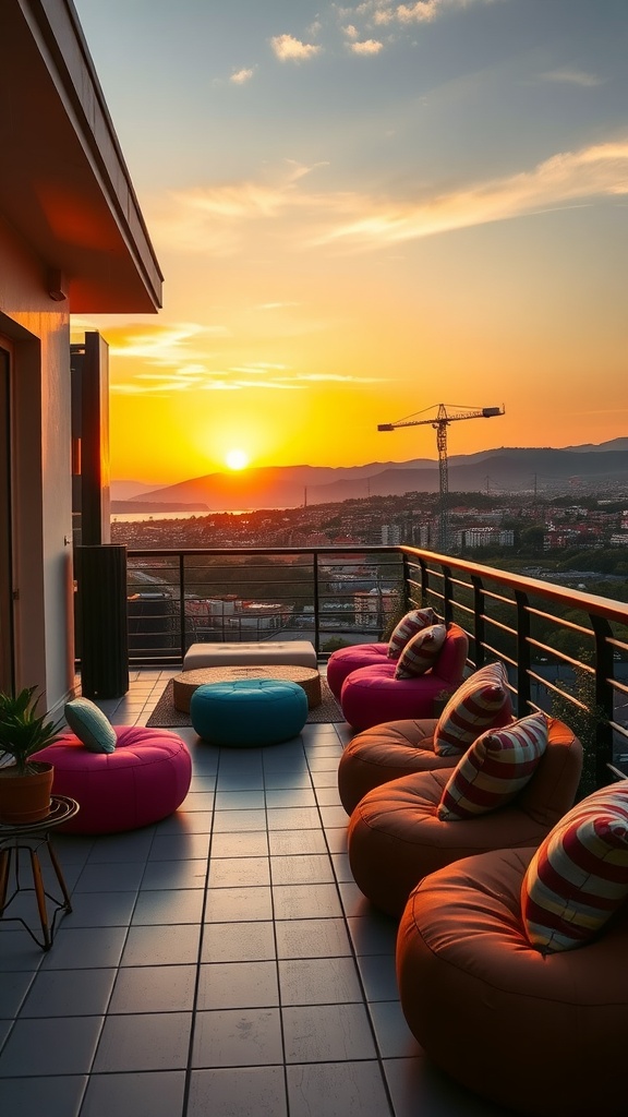 A cozy balcony with colorful poufs overlooking a city at sunset.