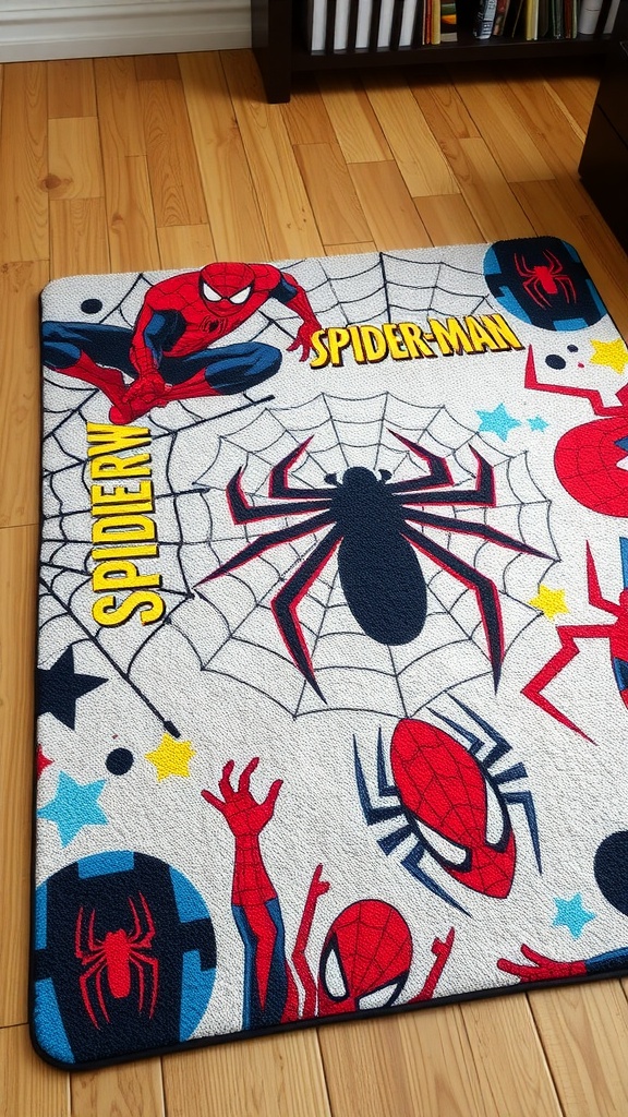 Colorful Spider-Man themed rug with various Spider-Man graphics and web designs.