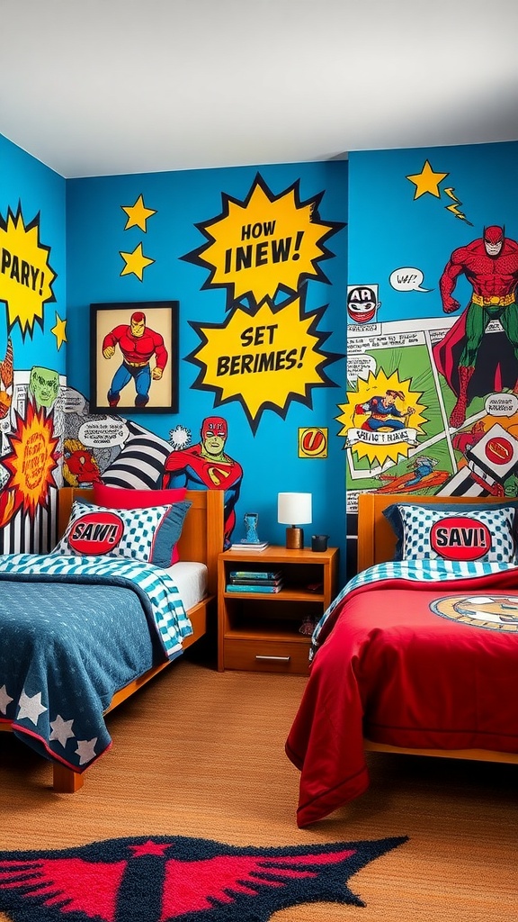 A colorful bedroom designed for two boys featuring superhero themes, comic book art, and themed bedding.
