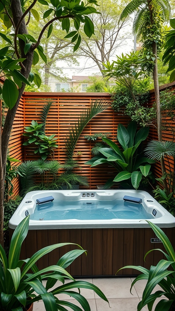A private hot tub surrounded by greenery and wooden privacy screens
