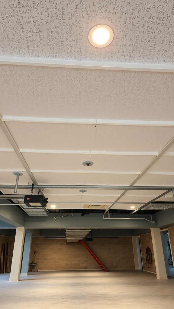 A spacious basement featuring a suspended ceiling with light fixtures and unique tile patterns.