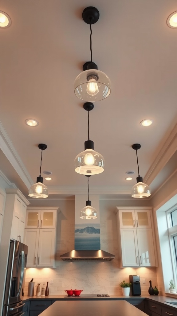 A kitchen with modern suspended lighting fixtures and recessed lights.