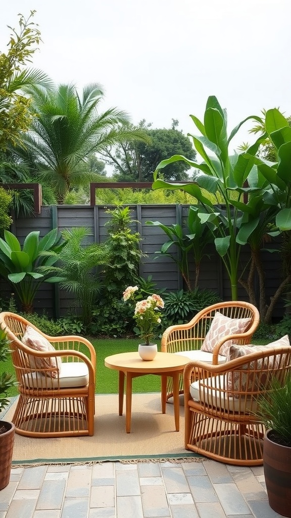 A cozy outdoor patio featuring bamboo furniture with soft cushions and a round table, surrounded by lush green plants.