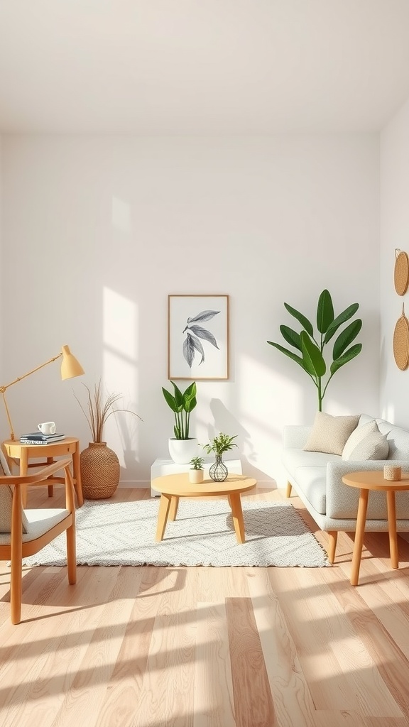 A minimalist living room featuring wooden furniture, plants, and a neutral color palette.