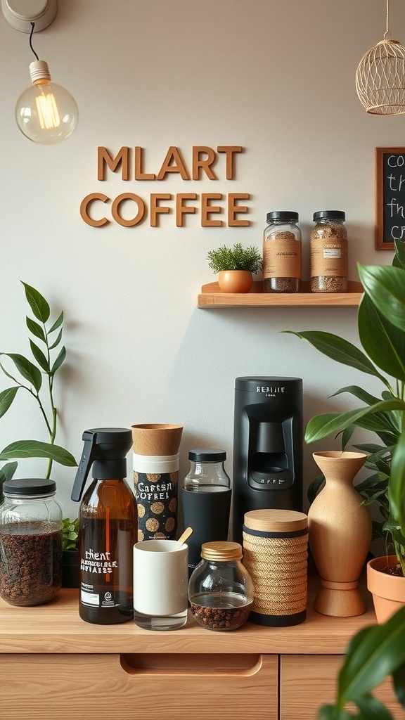 A cozy coffee corner featuring sustainable supplies, including glass jars, wooden containers, and a coffee maker, surrounded by green plants.