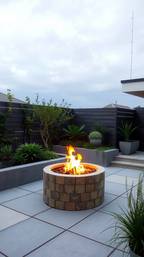 Sustainable fire pit made of stone surrounded by plants in a patio setting.