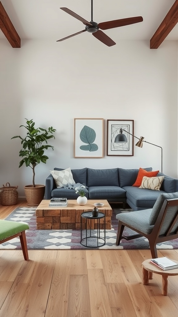 A modern living room featuring a blue sofa, wooden coffee table, green accent chair, and plants.