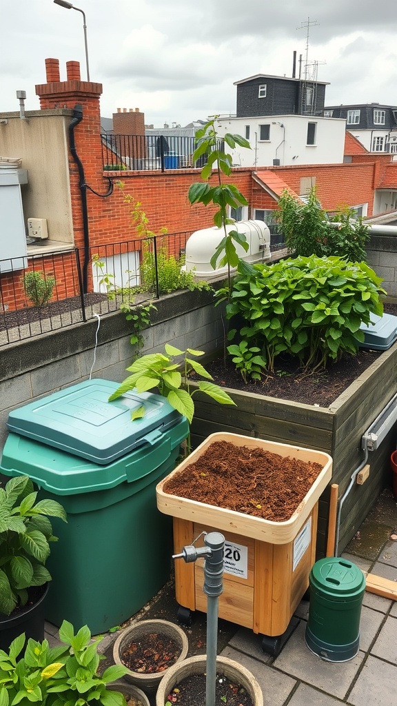 A rooftop garden featuring various plants, compost bins, and a watering system.