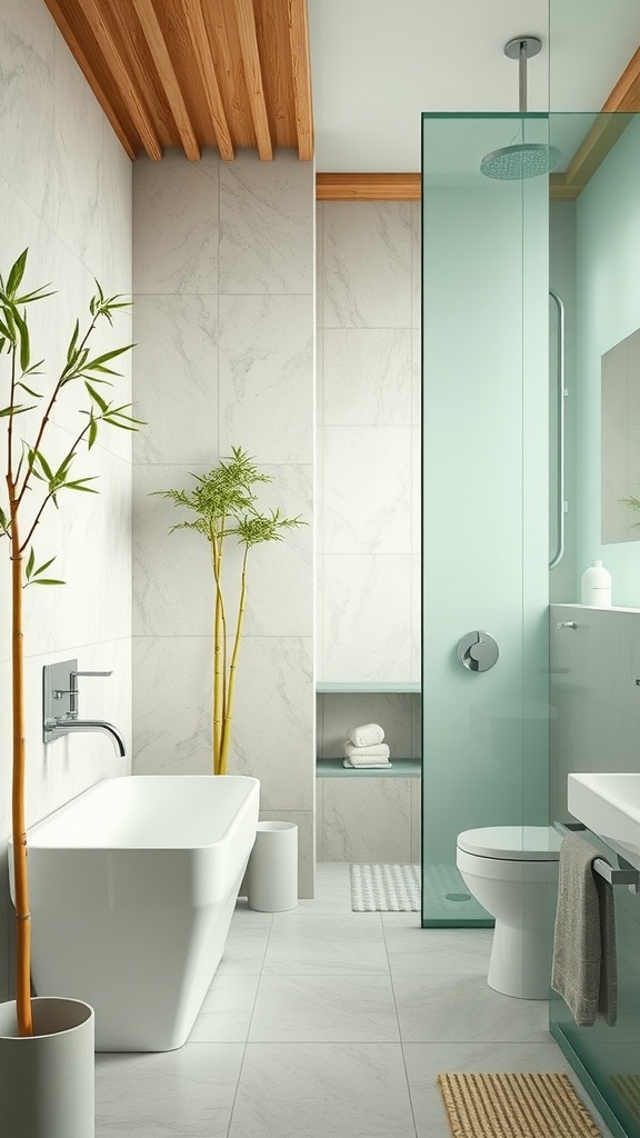 A modern bathroom with bamboo plants, wooden beams, and glass elements, showcasing sustainable design.