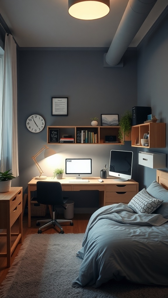 A cozy bedroom with a workspace featuring a desk, computer screens, and task lighting.