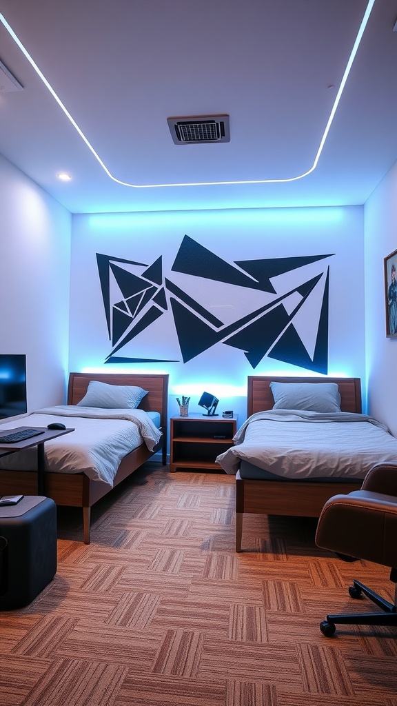 A modern boys' bedroom featuring two beds, striking geometric wall art, and LED lighting.