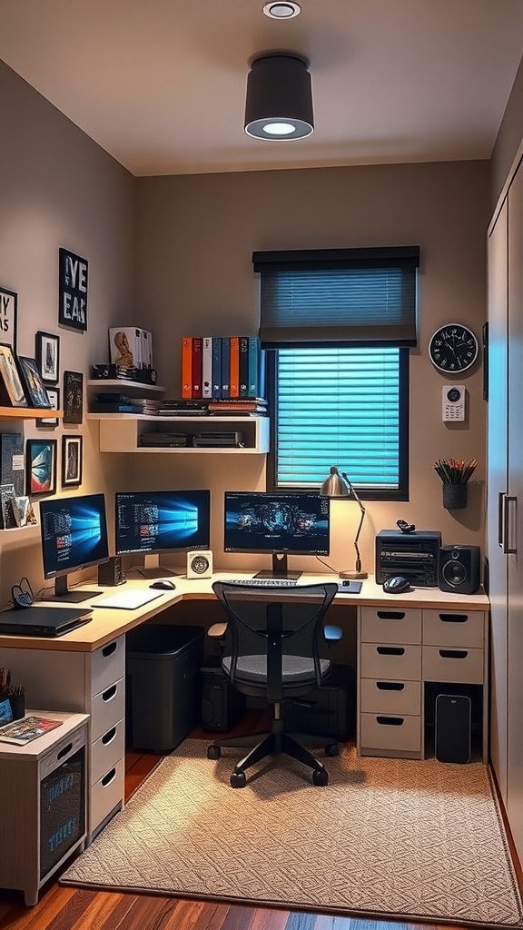 A modern teen workspace with multiple monitors, laptop, and organized storage.