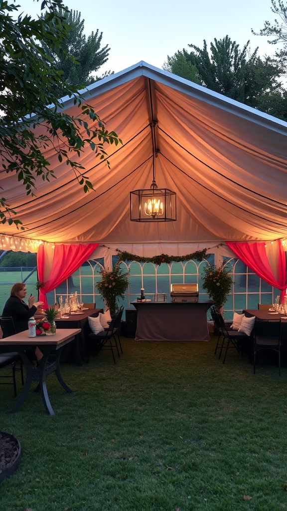 A beautifully decorated tent-style BBQ shelter featuring warm lighting, tables, and greenery.