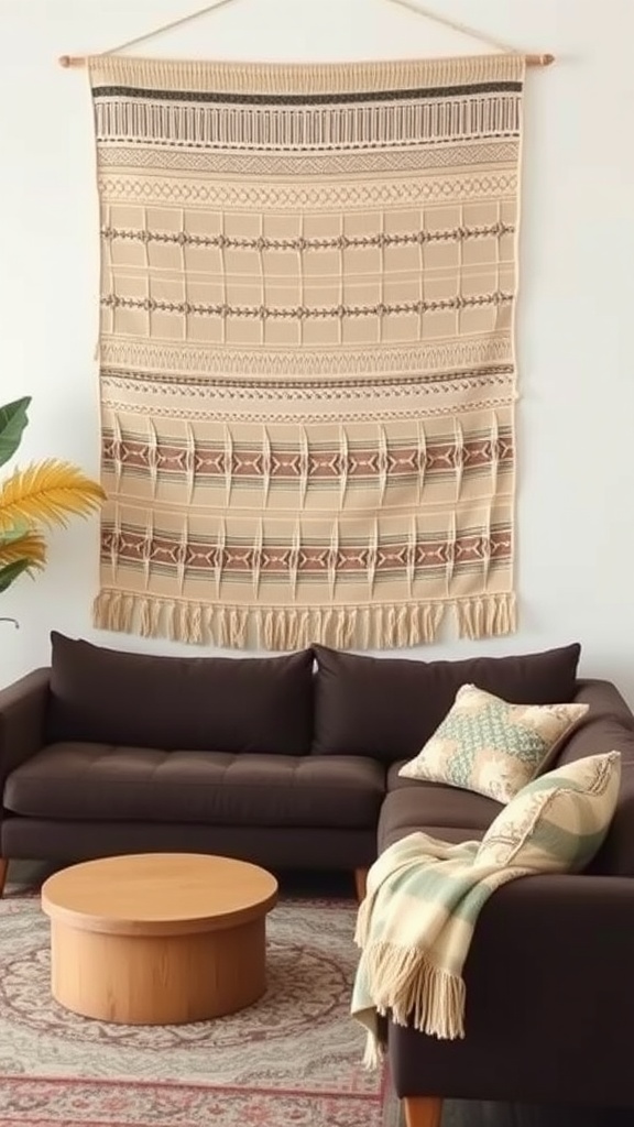 A woven wall hanging with intricate patterns, displayed above a dark brown couch and a round wooden coffee table.