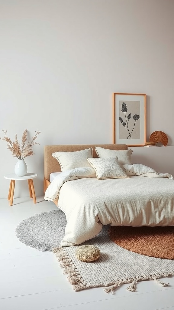A minimalist bedroom featuring soft textiles, round rugs, and simple decor elements.