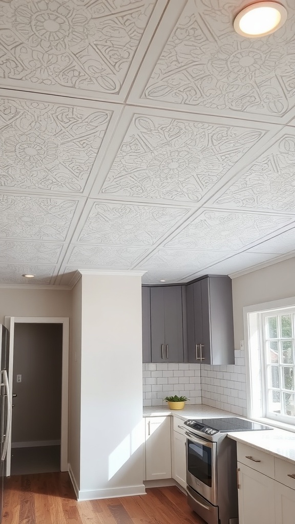 Textured ceiling panels in a modern kitchen, adding depth and visual interest to the space.