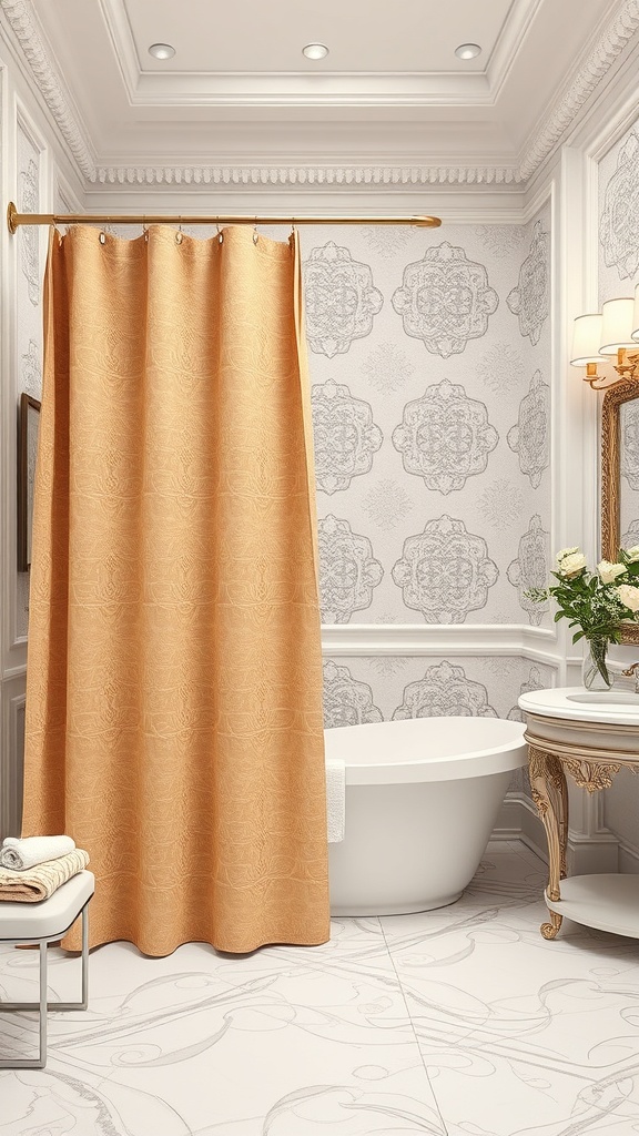 A textured golden shower curtain in a stylish bathroom with elegant decor.
