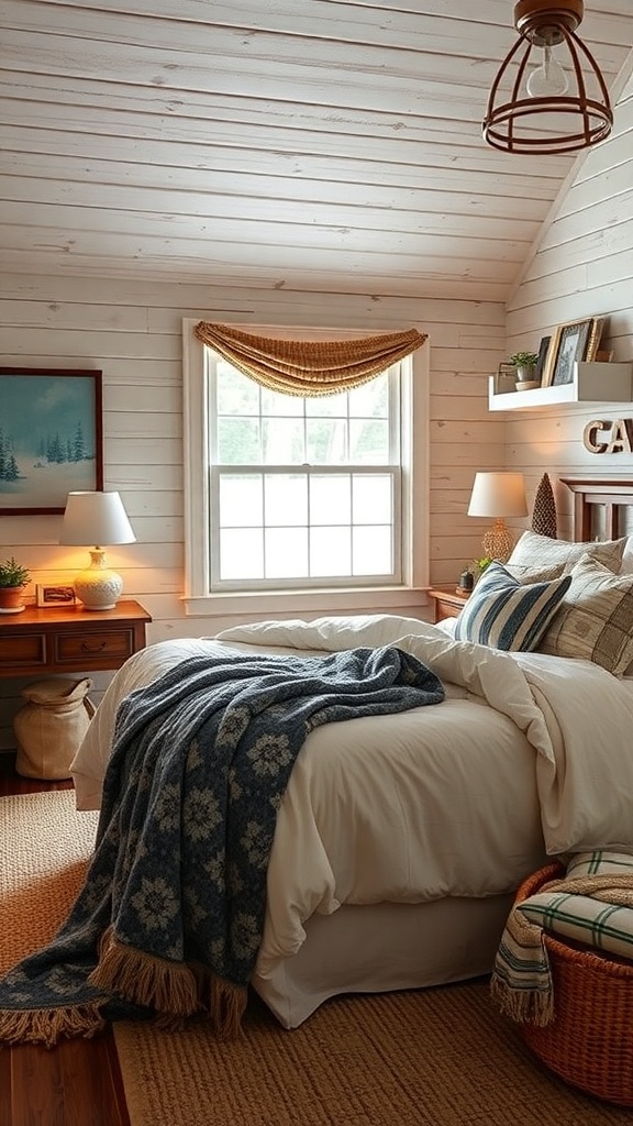 A cozy bedroom in a lake house featuring a bed with a blue patterned throw, wooden furniture, and natural textures.