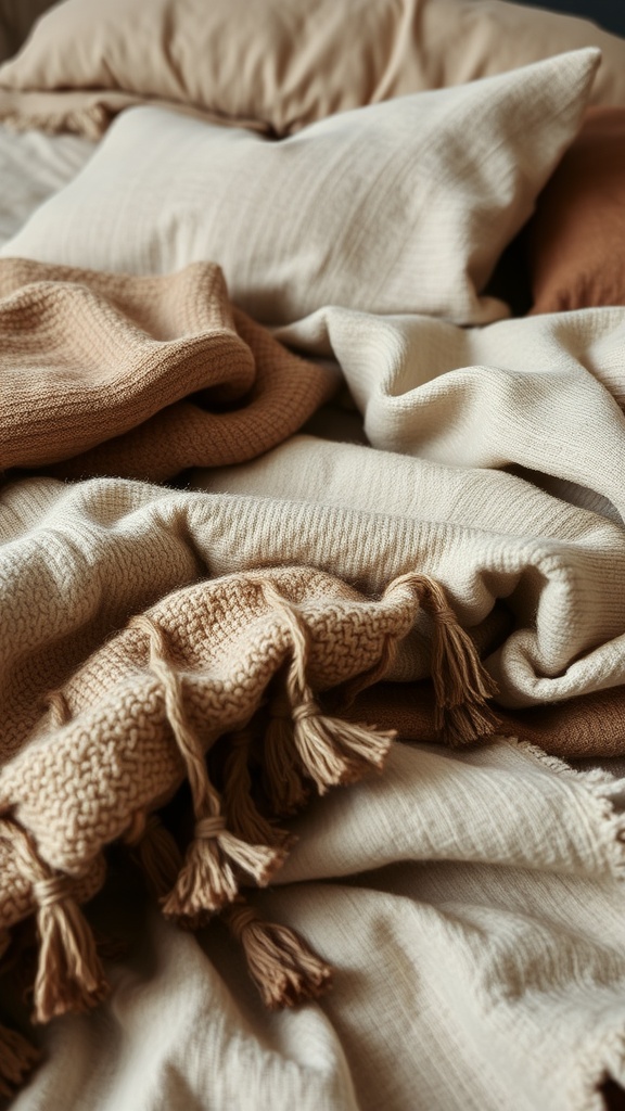 A close-up view of layered blankets and pillows in earthy tones, showcasing various textures.