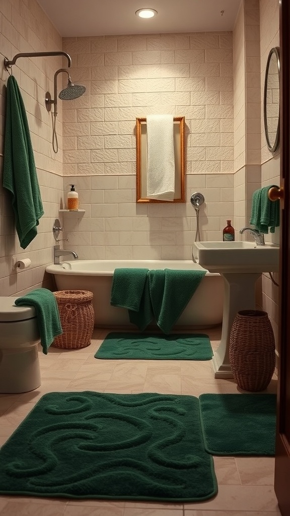 A cozy bathroom featuring textured green towels and mats, enhancing comfort and style.