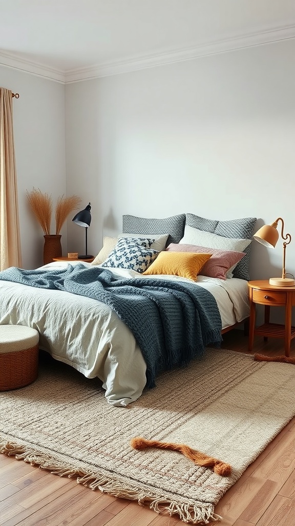 Cozy Scandinavian bedroom with textured layering techniques, featuring a layered bed with colorful pillows and blankets, alongside a natural fiber rug.