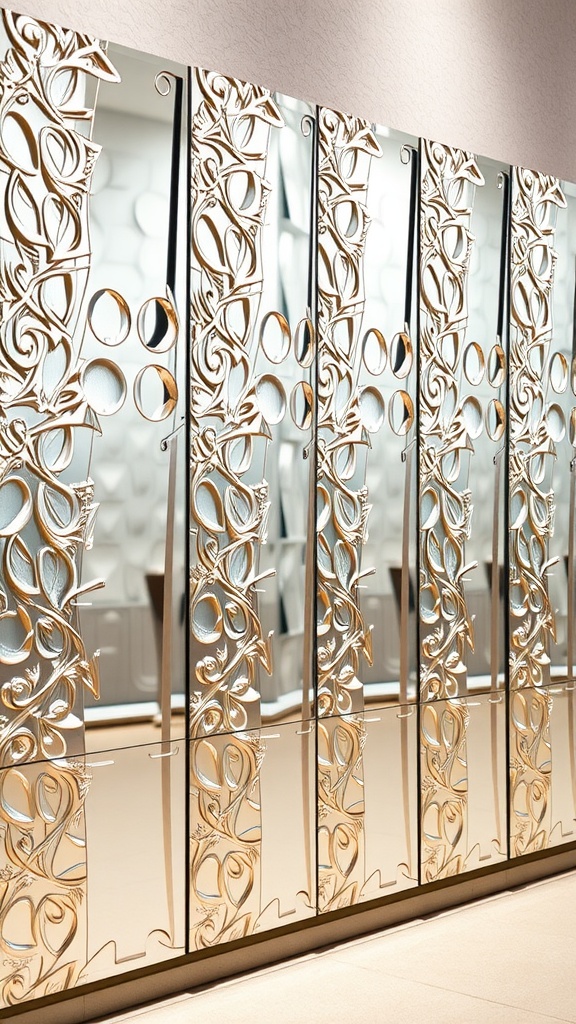 Intricate textured mirror panels with decorative designs.