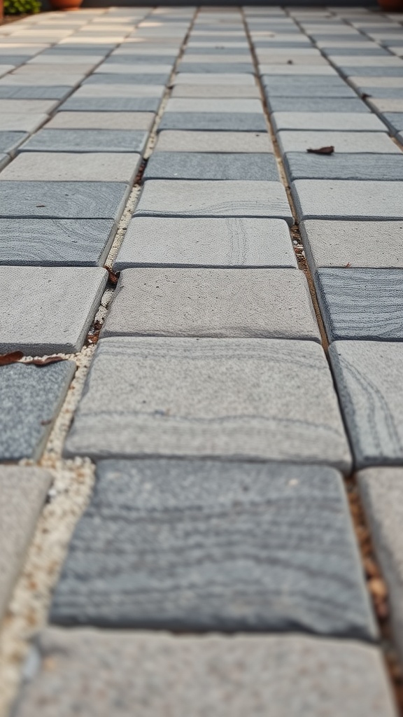 Close-up view of a textured paver patio with gray and light-colored pavers arranged neatly.
