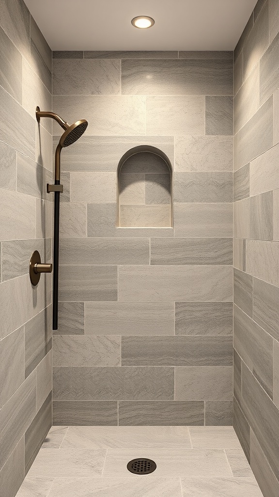 A modern shower with gray textured stone panels and a built-in niche, featuring a sleek showerhead and minimalist design.