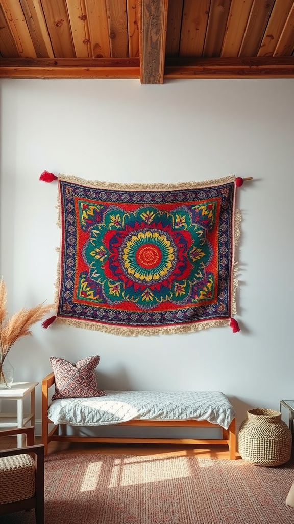 A colorful tapestry with intricate patterns hanging on a white wall above a wooden bench, surrounded by soft furnishings.