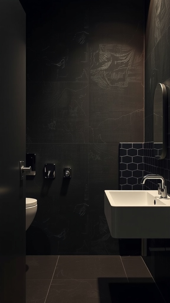 A sleek dark bathroom featuring textured wall tiles, a modern sink, and a minimalist design.