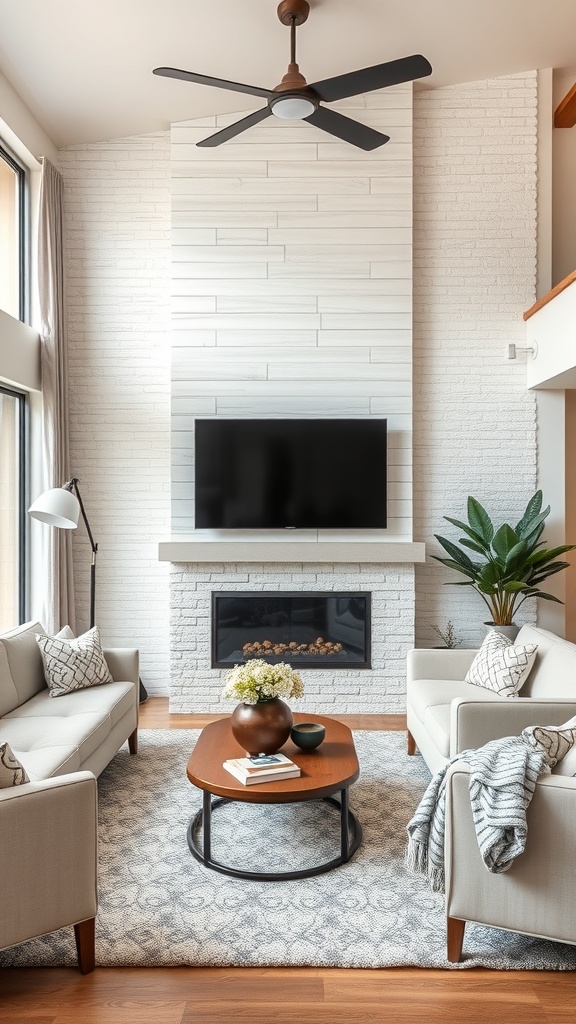 A neutral living room with textured wall treatments, featuring a light wood panel wall, white brick fireplace, and modern furnishings.