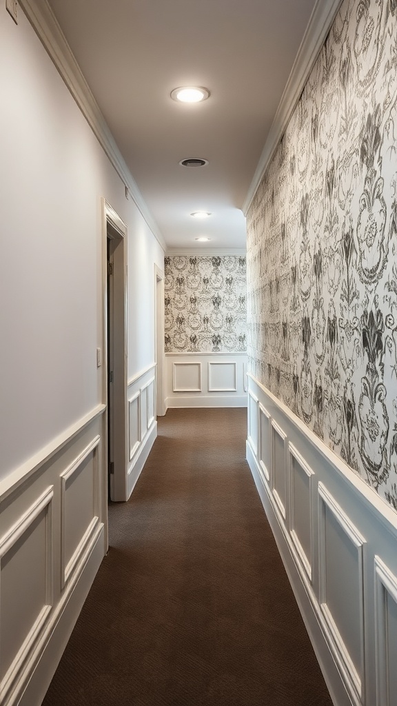 A hallway featuring textured wallpaper on one side, with white walls and a brown carpet.