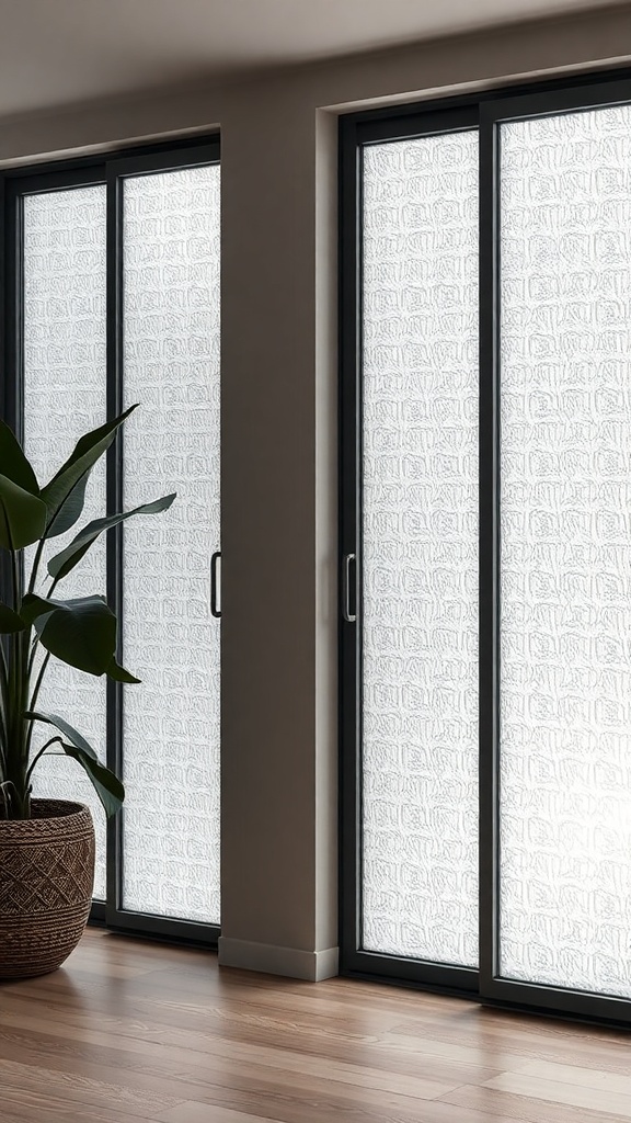 Sliding doors with textured window film and a potted plant in a modern interior