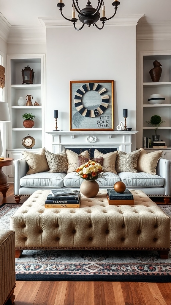 A cozy living room featuring an Ottoman coffee table with a tufted design topped with books, a decorative vase, and a cozy sofa in the background.