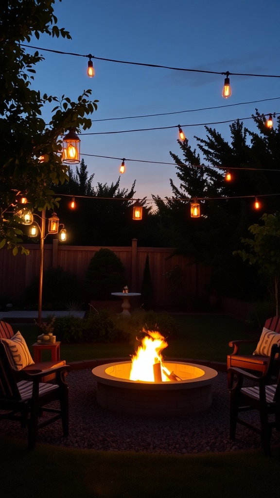 Cozy fire pit garden with string lights and two chairs