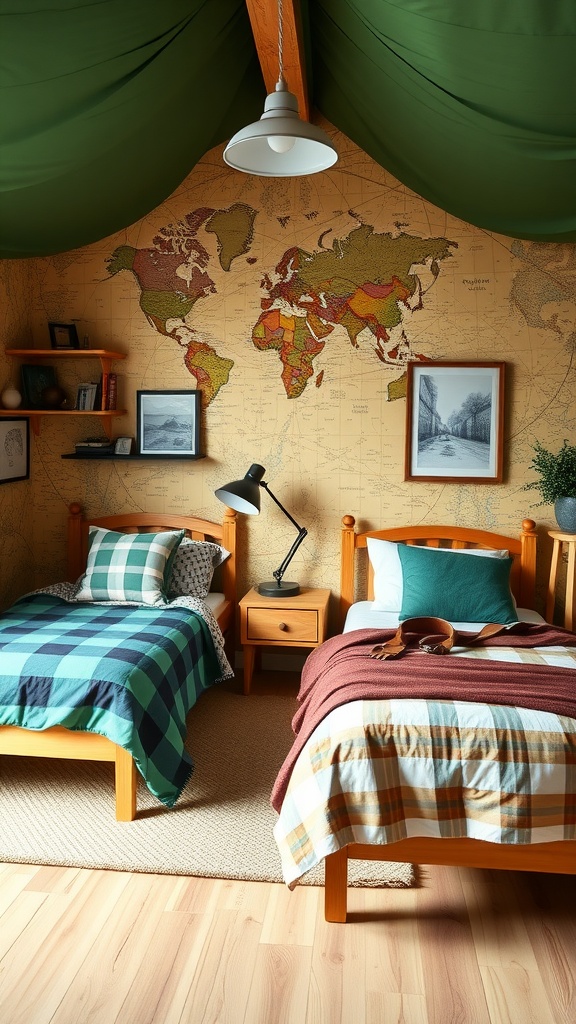 Boys bedroom with a world map mural, two beds with colorful bedding, and a green canopy.