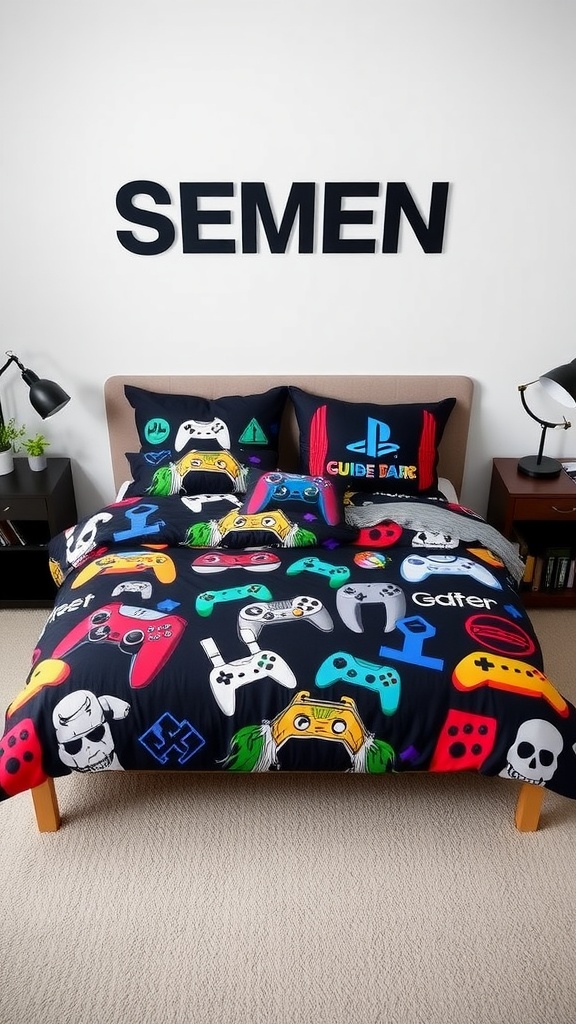 Vibrant gaming-themed bedding with colorful controllers and matching pillows in a cozy bedroom setting.