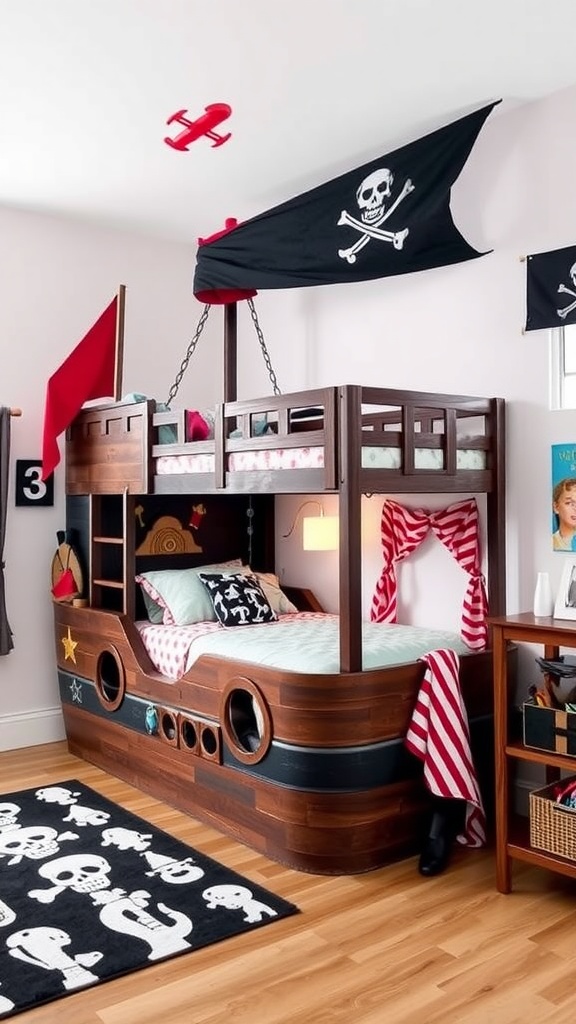 A themed bunk bed designed like a pirate ship with a skull-and-crossbones flag and playful decor.