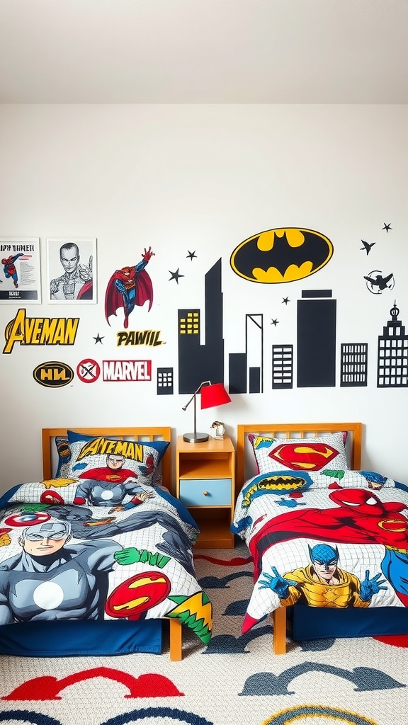 A themed boys' bedroom with superhero bedding and wall decorations featuring comic characters.
